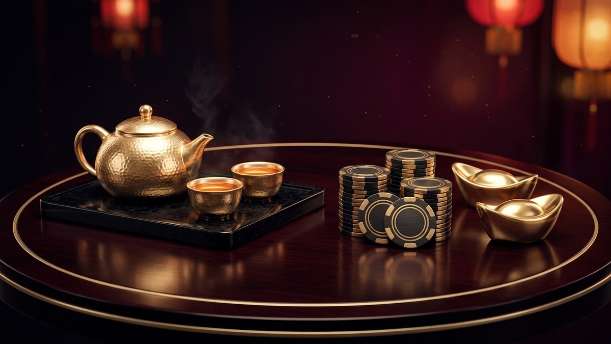 深夜中式貴賓包廂的紅木黑金圓桌上,擺放香檳金茶壺茶杯、金元寶與無字黑金籌碼