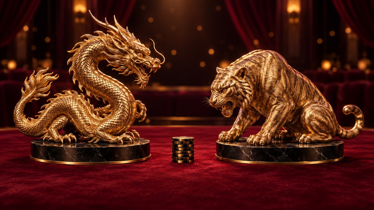 深色貴賓廳裡,一尊香檳金龍雕塑與一尊香檳金虎雕塑隔著酒紅絨布桌面相對,中間擺著幾疊黑金籌碼