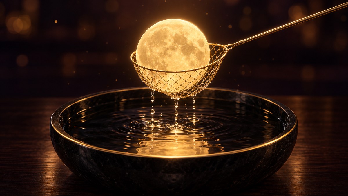 黑色石盆盛著深色的水,香檳金撈網把一輪發光的金色滿月撈出水面,水珠從網底滴落