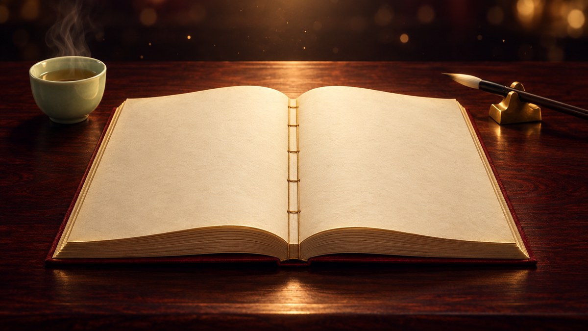 深夜的中式書房裡,紅木書桌上攤開一本空白的線裝書,旁邊擺著金色筆架上的毛筆和一只青瓷茶杯