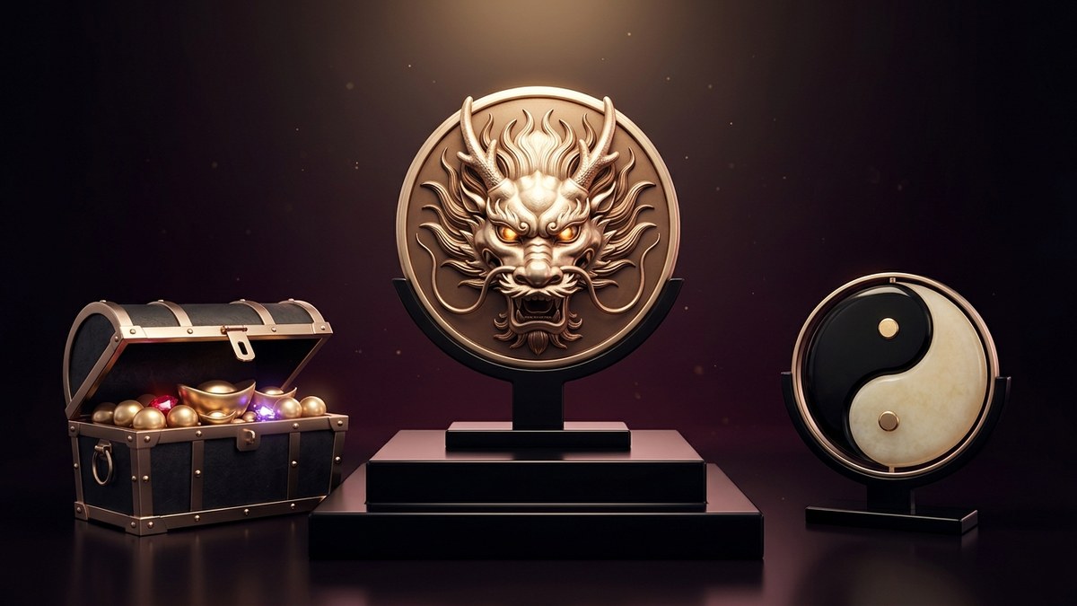 深夜黑曜石殿堂石台上,擺著鑲金邊深黑秘寶箱、龍紋香檳金圓章與太極陰陽玉璧